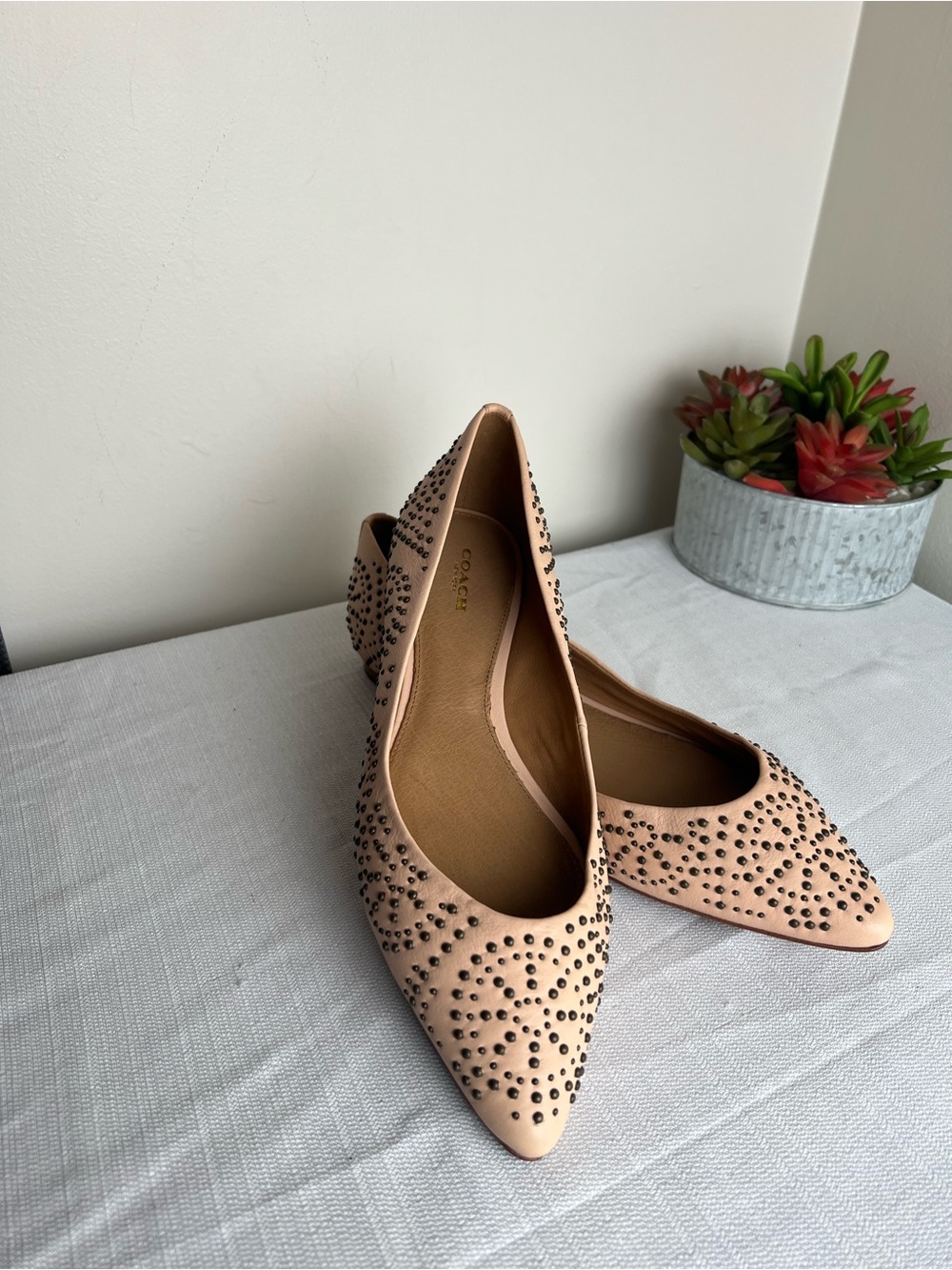 Coach Rory Peach Metal-Studded Pointed-Toe Flats